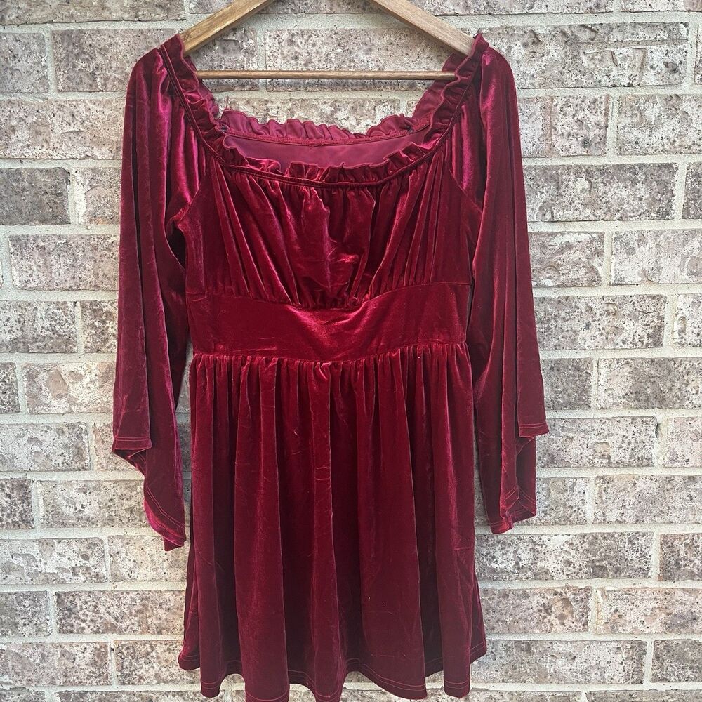 Burgundy Velvet Babydoll Dress Romantic Holiday Bell Sleeve Medium M Flare Clasi
